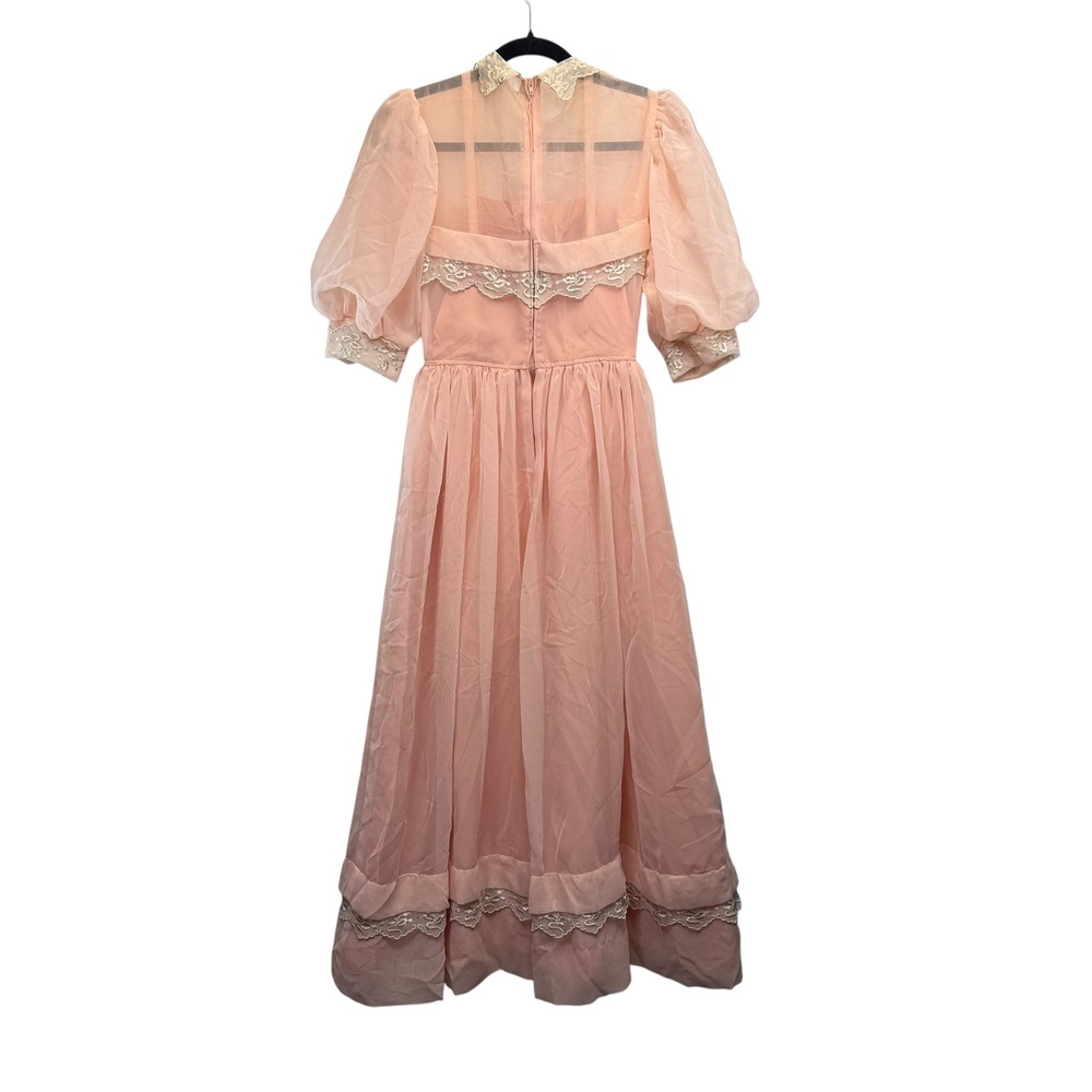 Vintage Peach Chiffon Lace Midi Dress Size XS Puff Sleeve Regency Core Pink Gown - Picture 3 of 6